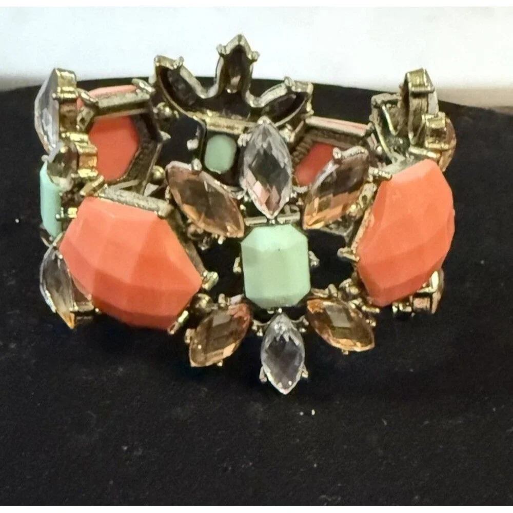 VTG Large J Crew  Gold Tone, Orange And Rhinestone Starburst Stretch Bracelet